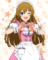 Rule 34 | 1girl, :d, apron, blush, bow, bowtie, braid, breasts, brown hair, butterfly ornament, dot nose, dress, frilled apron, frilled skirt, frills, hair between eyes, hair over shoulder, heart, heart hands, idolmaster, idolmaster million live!, idolmaster million live! theater days, kousaka umi, long hair, maid headdress, official alternate costume, official art, one eye closed, open mouth, pink bow, pink bowtie, pink dress, pretty waitress (idolmaster), puffy short sleeves, puffy sleeves, shirt, short sleeves, sidelocks, skirt, small breasts, smile, solo, standing, star (symbol), starry background, straight-on, straight hair, teeth, thighhighs, twin braids, upper body, v-shaped eyebrows, waist apron, waitress, white apron, white shirt, white thighhighs, wrist cuffs