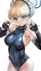 Rule 34 | 1girl, asymmetrical hair, bare shoulders, black gloves, black leotard, blonde hair, blue archive, blue leotard, blue ribbon, blunt bangs, blush, breasts, bun cover, closed mouth, commentary, covered collarbone, covered navel, double v, elbow gloves, expressionless, fingerless gloves, gloves, groin, hair bun, hair intakes, hair ribbon, halo, hands up, heattech leotard, highleg, highleg leotard, highres, himonoata, leotard, looking at viewer, maid headdress, medium breasts, microphone, ribbon, short hair, sideboob, simple background, solo, toki (blue archive), turtleneck, two-tone leotard, v, white background