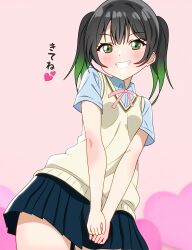 Rule 34 | 1girl, absurdres, black hair, blue shirt, blue skirt, blush, breasts, collared shirt, commentary request, gradient hair, green eyes, green hair, highres, looking at viewer, love live!, love live! nijigasaki high school idol club, medium breasts, multicolored hair, neck ribbon, nijigasaki academy school uniform, pink background, pink ribbon, pleated skirt, ribbon, school uniform, shinonome sakura, shirt, short sleeves, sidelocks, skirt, smile, solo, summer uniform, takasaki yu, translation request, twintails, upper body, vest, yellow vest