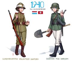 Rule 34 | 2girls, absurdres, adrian helmet, ammunition pouch, bag, belt, belt buckle, blonde hair, blue eyes, bolt action, boots, brown footwear, brown hair, buckle, camouflage, censored, censored symbol, collar tabs, combat helmet, epaulettes, gas mask canister, german army, germany, gun, gun sling, helmet, highres, holding, holding gun, holding weapon, leather, leather boots, long sleeves, luxembourgish army, luxembourgish flag, mauser 98, military, military uniform, multiple girls, nazi, nervous, original, ostwindprojekt, pants, pants tucked in, pouch, rifle, shadow, short hair, shovel, signature, simple background, soldier, stahlhelm, sweatdrop, uniform, waving, weapon, wehrmacht, white background, white pants, world war ii