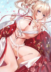 Rule 34 | 1girl, absurdres, azur lane, bare shoulders, biandu youdushi, blonde hair, breasts, chinese clothes, choker, cleavage cutout, clothing cutout, dress, flower, glorious (azur lane), glorious (pungent plum) (azur lane), hair flower, hair ornament, hair stick, highres, kanzashi, large breasts, long hair, looking at viewer, lying, neck ribbon, neckwear request, o-ring, official alternate costume, on back, open clothes, open dress, purple eyes, red choker, red dress, red ribbon, ribbon, solo, white flower, wide sleeves