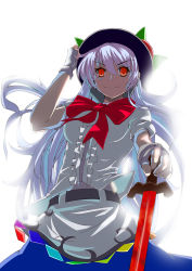 Rule 34 | 1girl, absurdres, backlighting, blue hair, fingerless gloves, food, fps, fruit, gloves, hat, highres, hinanawi tenshi, long hair, looking at viewer, navel, peach, puffy sleeves, red eyes, ribbon, shirt, short sleeves, simple background, skirt, smile, solo, sword of hisou, touhou, white background