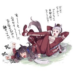 Rule 34 | 2girls, anger vein, arms behind head, black hair, breasts, bullying, closed eyes, commentary request, fig (lchijiku), fingernails, full body, gold ship (umamusume), grass, grey hair, highres, horse girl, jacket, lying on person, medium breasts, multiple girls, open mouth, pants, purple eyes, shoes, tosen jordan (umamusume), track jacket, track pants, translation request, umamusume, white background