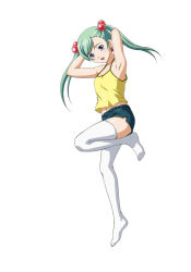 Rule 34 | 1girl, :d, armpits, arms up, blue eyes, camisole, earrings, female focus, full body, green hair, hair bobbles, hair ornament, ikkitousen, jewelry, leg up, magatama, magatama earrings, navel, no shoes, open mouth, shokatsuryou koumei, short shorts, shorts, simple background, smile, solo, thighhighs, twintails, white background, white thighhighs