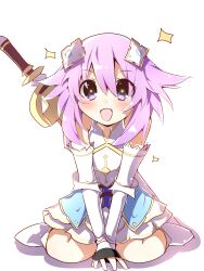 Rule 34 | + +, 1girl, :d, absurdres, armor, bare shoulders, d-pad, d-pad hair ornament, dot nose, double-parted bangs, elbow gloves, flipped hair, four goddesses online: cyber dimension neptune, gloves, hair ornament, highres, kurokasu, light blush, looking at viewer, neptune (neptunia), neptune (series), open mouth, pleated skirt, purple eyes, purple hair, scabbard, sheath, short hair, simple background, sitting, skirt, smile, solo, sparkle, sword, v arms, wariza, weapon, weapon on back, white background, white skirt
