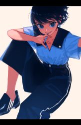 Rule 34 | 1girl, black eyes, black footwear, black hair, black pants, cigarette, collarbone, collared shirt, commentary, earrings, elbow on knee, highres, jewelry, kaneni, knee up, loafers, looking at viewer, open mouth, original, pants, shirt, shirt tucked in, shoes, short hair, short sleeves, simple background, sitting, smile, smoking, solo, star (symbol), star earrings, white background, white shirt, wind