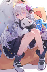 Rule 34 | 1girl, azusa (blue archive), blue archive, bow, crescent halo, crossed bangs, elxion, feathered wings, flower, frilled skirt, frills, hair flower, hair ornament, halo, highres, hugging object, knees together feet apart, peroro (blue archive), pink eyes, purple bow, shoes, sitting, skirt, skullman (blue archive), solo, stuffed chicken, white footwear, white hair, white wings, wing ornament, wings