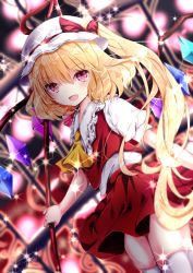 Rule 34 | 1girl, :d, ascot, blonde hair, blurry, blurry background, bow, collared shirt, crystal, depth of field, dutch angle, flandre scarlet, frilled shirt collar, frills, hair between eyes, hat, hat bow, holding, laevatein, long hair, mob cap, nanase nao, one side up, open mouth, pleated skirt, puffy short sleeves, puffy sleeves, purple eyes, red bow, red skirt, red vest, shirt, short sleeves, skirt, skirt set, smile, solo, thighhighs, touhou, very long hair, vest, white hat, white shirt, white thighhighs, wings, yellow ascot