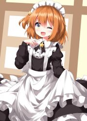 Rule 34 | 1girl, ;d, alternate costume, apron, dress, enmaided, frills, hair ornament, highres, koisuru asteroid, konohata mira, long sleeves, looking at viewer, maid, maid headdress, one eye closed, one side up, open mouth, orange hair, ruu (tksymkw), smile, solo, star (symbol), white apron