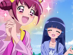 Rule 34 | 10s, 2girls, aoki reika, blue hair, blush, day, closed eyes, own hands clasped, heart, heart-shaped pupils, hoshizora miyuki, long hair, multiple girls, open mouth, own hands together, pink hair, precure, sky, smile, smile precure!, symbol-shaped pupils, tonbi