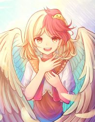 Rule 34 | 1girl, absurdres, bird, blonde hair, blush, brown dress, chick, dress, feathered wings, hand on own chest, highres, looking at viewer, multicolored hair, niwatari kutaka, open mouth, puffy short sleeves, puffy sleeves, red eyes, red hair, red neckwear, short hair, short sleeves, simple background, smile, solo, standing, sunlight, teeth, touhou, two-tone hair, upper body, upper teeth only, wings, yu cha