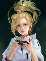Rule 34 | 1girl, absurdres, aged down, casual, choker, chromatic aberration, collarbone, controller, dark background, earbuds, earphones, eyeliner, eyeshadow, flat chest, game controller, green background, halo, high ponytail, highres, hood, hoodie, jewelry, light smile, lipstick, long sleeves, looking at viewer, makeup, mechanical halo, mercy (overwatch), necklace, no wings, nose, overwatch, overwatch 1, parted lips, pink lips, playing games, realistic, short hair, sleeves rolled up, solo, upper body, white hoodie, yi sui, zipper
