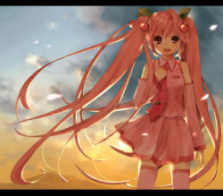 Rule 34 | 1girl, alternate color, alternate hair color, bad id, bad pixiv id, cherry blossoms, detached sleeves, hatsune miku, letterboxed, long hair, name connection, necktie, object namesake, petals, pink eyes, pink hair, sakura miku, skirt, smile, solo, twintails, very long hair, vocaloid, yumesaki nana