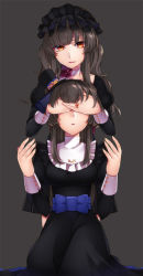 Rule 34 | 2girls, bemani, black dress, black hair, choker, covering another&#039;s eyes, covering own eyes, crescent, dress, flower, frills, grey background, hairband, hands on another&#039;s face, hat, jewelry, long hair, long sleeves, looking at viewer, maru (sw1tch), mini hat, mini top hat, multiple girls, original, ornate ring, parted lips, red eyes, ring, rose, simple background, smile, top hat, wedding ring