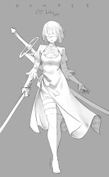 Rule 34 | 1girl, 2017, absurdres, blindfold, bow, breasts, cleavage, cleavage cutout, clothing cutout, dress, full body, grey background, greyscale, headdress, high heels, highres, lenny face, lulu-chan92, monochrome, nier (series), nier:automata, puffy sleeves, signature, solo, sword, sword behind back, weapon, 2b (nier:automata)