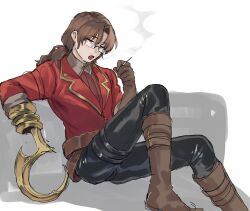 Rule 34 | 1boy, black pants, boots, brown eyes, brown footwear, brown gloves, brown hair, cigarette, glasses, gloves, gold trim, gregor (project moon), highres, hook hand, jacket, kikkoinu, limbus company, long sleeves, low ponytail, open mouth, pants, parted bangs, project moon, red jacket, sitting, smoke, smoking, solo, wing collar