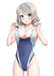 Rule 34 | 10s, 1girl, blue eyes, blue one-piece swimsuit, blush, breasts, chestnut mouth, clothes pull, collarbone, competition swimsuit, covered navel, cowboy shot, grey hair, groin, hair between eyes, highleg, highleg swimsuit, large breasts, looking at viewer, love live!, love live! sunshine!!, miel (lessontome), nipple slip, nipples, one-piece swimsuit, one-piece swimsuit pull, short hair, simple background, solo, standing, surprised, swept bangs, swimsuit, teeth, thighs, upper teeth only, watanabe you, white background