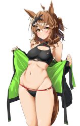 Rule 34 | 1girl, ahoge, animal ears, bare shoulders, bikini, black bikini, blush, brown hair, cleavage cutout, clothing cutout, commentary request, cowboy shot, groin, highres, horse ears, jacket, jungle pocket (umamusume), komb, looking at viewer, medium hair, navel, off shoulder, open clothes, open jacket, parted lips, simple background, solo, standing, stomach, swimsuit, thighs, umamusume, white background, yellow eyes