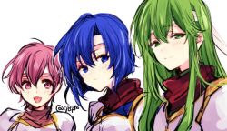 Rule 34 | 3girls, bad id, bad twitter id, blue eyes, blue hair, catria (fire emblem), closed mouth, est (fire emblem), fire emblem, fire emblem: mystery of the emblem, green eyes, green hair, headband, long hair, multiple girls, naho (pi988y), nintendo, open mouth, palla (fire emblem), pink eyes, pink hair, short hair, siblings, simple background, sisters, twitter username, upper body, white background, white headband