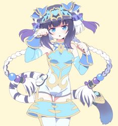 Rule 34 | 1girl, bare shoulders, black hair, blue eyes, blush, braid, breasts, chestnut mouth, detached sleeves, haku (p&amp;d), head tilt, long hair, looking at viewer, multicolored hair, open mouth, paw pose, puzzle &amp; dragons, shouni (sato3), simple background, solo, tail, twin braids, two-tone hair, very long hair, white hair, yellow background