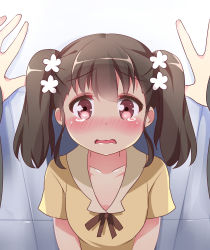 Rule 34 | 1girl, absurdres, beige shirt, blush, brown eyes, brown hair, brown ribbon, collarbone, commentary, flower, hair between eyes, hair flower, hair ornament, high school fleet, highres, ikazu401, kabedon, long hair, looking at viewer, nose blush, parted lips, pov, ribbon, shiretoko rin, shirt, short sleeves, solo, solo focus, tears, twintails, wavy mouth, white flower