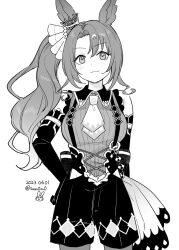 Rule 34 | 1girl, animal ears, black gloves, black shorts, commentary, dated, ear ornament, elbow gloves, gloves, greyscale, highres, horse ears, horse girl, long hair, looking at viewer, momose sumomo, monochrome, multicolored hair, necktie, ribbed sweater, satono crown (umamusume), shorts, side ponytail, simple background, sleeveless, sleeveless sweater, smile, solo, sweater, symbol-only commentary, twitter username, umamusume, white background, white hair