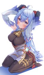 Rule 34 | 1girl, absurdres, ahoge, arms up, bell, black gloves, blue hair, blush, bodystocking, bodysuit, breasts, cowbell, detached sleeves, female focus, flower knot, full body, ganyu (genshin impact), genshin impact, gloves, goat horns, hair between eyes, hands on own horns, highres, horns, joniwi, long hair, looking at viewer, medium breasts, neck bell, no shoes, pantyhose, pout, purple eyes, seiza, simple background, sitting, solo, thighband pantyhose, vision (genshin impact), white background, wide sleeves