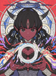 Rule 34 | 1girl, black hair, bracelet, braid, breasts, colored skin, expressionless, halo, highres, horns, jewelry, kaneni, long hair, looking at viewer, original, pointy ears, red skin, small breasts, solo, third eye, white nails