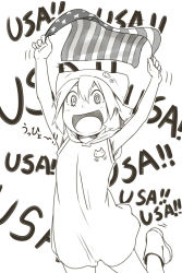 Rule 34 | 1girl, @ @, american flag, animal hat, armpits, arms up, boots, cat hat, cowboy shot, denchuubou, dress, excited, greyscale, hair between eyes, happy, hat, hood, hooded vest, hoodie, jumping, medium hair, monochrome, open mouth, original, paw print, pin, short dress, sidelocks, sleeveless, sleeveless dress, smile, vest, wide-eyed