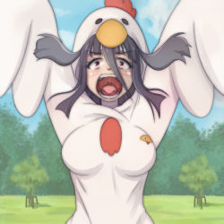 Rule 34 | 10s, 1girl, animal suit, arms up, bandages, black hair, blush, breasts, cloud, day, hair between eyes, large breasts, long hair, looking at viewer, open mouth, outdoors, plant, red eyes, sky, solo, standing, t jiroo (ringofriend), teeth, tongue, tongue out, tree, uvula, yamada tae, zombie, zombie land saga