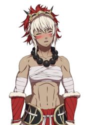 Rule 34 | 1girl, abs, bandages, bare shoulders, blush, breasts, collarbone, dark-skinned female, dark skin, facial mark, female focus, fire emblem, fire emblem fates, horns, jewelry, mask, midriff, muscular, muscular female, my room, navel, necklace, nintendo, one eye closed, open mouth, red eyes, rinkah (fire emblem), sarashi, short hair, simple background, single horn, solo, vambraces, white background, white hair, wink