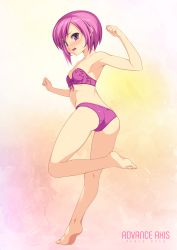 Rule 34 | 1girl, absurdres, armpits, ass, barefoot, beatmania, beatmania iidx, blush, bra, from behind, full body, highres, kinoshita ichi, leg up, looking back, non-web source, nyah, open mouth, panties, parted bangs, pink bra, pink eyes, pink hair, pink panties, plantar flexion, short hair, solo, standing, standing on one leg, trefoil, underwear, underwear only