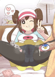 Rule 34 | 10s, 1boy, 1girl, :q, bed, brown hair, censored, clothed female nude male, commentary request, condom, condom wrapper, creatures (company), cum, double bun, facial, frilled pillow, frills, game freak, gen 4 pokemon, hair bun, hair in own mouth, heart, hetero, lamp, leonardo 16sei, looking at viewer, lying, nintendo, novelty censor, nude, on back, one eye closed, panties, panties under pantyhose, pantyhose, penis, pillow, piplup, pokemon, pokemon (creature), pokemon bw2, rosa (pokemon), skirt, smile, solo focus, spoken heart, spread legs, stray pubic hair, tissue, tissue box, tongue, tongue out, twintails, underwear, upskirt, v, visor cap, wet spot, wink