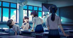 Rule 34 | 2boys, 4girls, black hair, blue neckwear, blue skirt, bow, bowtie, brown hair, classroom, closed eyes, glasses, highres, korean commentary, long hair, looking at another, looking down, looking up, multiple boys, multiple girls, necktie, open mouth, original, ponytail, popuru, school uniform, short hair, skirt, summer, yellow eyes