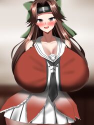 Rule 34 | 1girl, breasts, brown eyes, brown hair, cleavage, gigantic breasts, highres, huge breasts, jintsuu (kancolle), kantai collection, long hair, smile, solo, thick thighs, thighs, tokuchukancoll, wide hips