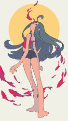 Rule 34 | 1girl, ahoge, animal, arms at sides, artist name, bare arms, bare legs, bare shoulders, barefoot, black hair, black shorts, circle, closed eyes, closed mouth, facial mark, facing up, flat chest, forehead mark, from behind, full body, grey background, highres, hole in face, long hair, midriff, nail polish, ninnin14, original, red tank top, school of fish, shorts, sleeveless, standing, strap slip, surreal, tan, tank top, very long hair, yellow nails