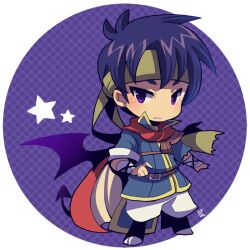 Rule 34 | 1boy, belt, blue shirt, border, brown belt, brown headband, cape, chibi, chibi only, closed mouth, demon boy, demon tail, demon wings, fire emblem, fire emblem: path of radiance, full body, headband, hooves, ike (fire emblem), kotorai, looking at viewer, male focus, nintendo, no nose, purple background, purple eyes, purple hair, red cape, round border, round image, shirt, short hair, signature, solo, standing, star (symbol), tail, white border, wings