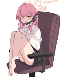 Rule 34 | 1girl, absurdres, armchair, aru (blue archive), ass, bare legs, barefoot, blue archive, blunt bangs, blush, chair, collared shirt, commentary request, demon girl, demon horns, feet, gloves, halo, high-waist skirt, highres, holding, holding phone, horns, knees to chest, knees up, long hair, long sleeves, looking at viewer, miniskirt, office chair, open mouth, parted lips, pencil skirt, phone, pink hair, school uniform, shirt, side slit, sidelocks, simple background, sitting, skirt, solo, swivel chair, talking on phone, tearing up, toes, wavy mouth, white background, white gloves, white shirt, yellow eyes, ziro (zirorong)
