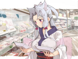 Rule 34 | 1girl, animal ear fluff, animal ears, blurry, blurry background, blush, breasts, closed mouth, commentary, food, grey hair, highres, holding, holding food, indoors, japanese clothes, kimono, lamb (hitsujiniku), large breasts, long hair, long sleeves, looking away, obi, parted bangs, purple eyes, sash, shelf, solo, supermarket, touhoku itako, voiceroid, white kimono, wide sleeves
