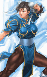 Rule 34 | 1girl, boots, bracelet, brown eyes, brown hair, bun cover, capcom, china dress, chinese clothes, chun-li, double bun, dress, jewelry, mad (artist), pantyhose, pelvic curtain, short hair, solo, spiked bracelet, spikes, street fighter, thighs