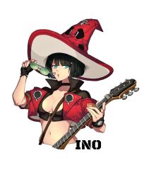 Rule 34 | 1girl, black hair, breasts, cleavage, ebi pri shrimp, electric guitar, fingerless gloves, gloves, green-tinted eyewear, green eyes, guilty gear, guilty gear strive, guitar, hat, i-no, instrument, large breasts, lips, looking at viewer, mole, mole above mouth, red headwear, red leather, short hair, tinted eyewear, upper body, venus symbol, witch hat