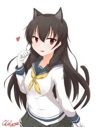 Rule 34 | 1girl, animal ears, black hair, black skirt, blouse, blue sailor collar, breasts, cat ears, cat tail, chihaya refrain, commentary request, cowboy shot, fang, gloves, hair between eyes, hair ribbon, heart, highres, isokaze (kancolle), kantai collection, kemonomimi mode, long hair, long sleeves, looking at viewer, medium breasts, neckerchief, open mouth, pleated skirt, red eyes, ribbon, sailor collar, school uniform, serafuku, shirt, signature, skirt, solo, standing, tail, tress ribbon, white background, white gloves, white shirt, yellow neckerchief