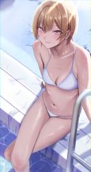 Rule 34 | 1girl, absurdres, arm support, bikini, blonde hair, breasts, collarbone, crossed legs, earrings, highres, idolmaster, idolmaster shiny colors, jewelry, light smile, looking at viewer, midriff, navel, on ground, out type (outtypeex), outdoors, pool, pool ladder, poolside, saijo juri, shiny skin, short hair, sitting, small breasts, soaking feet, solo, string bikini, stud earrings, swimsuit, white bikini