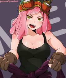 Rule 34 | 10s, 1girl, boku no hero academia, breasts, brown gloves, cleavage, clothes around waist, crosshair, crosshair eyes, gloves, goggles, goggles on head, hatsume mei, long hair, lynasheet, medium breasts, partially fingerless gloves, pink hair, solo, sweater, sweater around waist, symbol-shaped pupils, tank top, yellow eyes