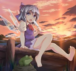 Rule 34 | 1girl, bad feet, bad id, bad pixiv id, bare legs, bare shoulders, barefoot, blue eyes, blue hair, bow, cirno, crost, dock, eating, feet, food, frog, hair bow, ice, ice wings, matching hair/eyes, open mouth, outdoors, popsicle, short hair, sitting, solo, sunset, touhou, wings