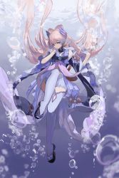 Rule 34 | 1girl, aco gbfg, air bubble, bare shoulders, blue bow, blue dress, blue eyes, blue gloves, bow, bubble, detached sleeves, dress, frilled sleeves, frills, full body, genshin impact, gloves, highres, horns, japanese clothes, long hair, long sleeves, looking at viewer, low twintails, okobo, pink hair, sandals, sangonomiya kokomi, shorts, smile, solo, thighhighs, twintails, underwater, very long hair, vision (genshin impact), white shorts, white thighhighs, wide sleeves
