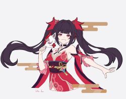 Rule 34 | 1girl, :d, black hair, bow, criss-cross halter, detached sleeves, dress, egasumi, flat color, floating hair, fox mask, grin, hair bow, halterneck, hand up, holding, holding mask, honkai: star rail, honkai (series), linurahara, long bangs, long hair, looking at viewer, mask, o-ring, obi, open mouth, outstretched arm, pink eyes, red bow, red dress, red sleeves, sash, short sleeves, sidelocks, signature, simple background, sleeveless, sleeveless dress, smile, solo, sparkle (honkai: star rail), teeth, twintails, white background