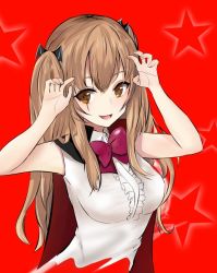 Rule 34 | 1girl, bow, bowtie, breasts, brown eyes, brown hair, cloak, girls&#039; frontline, hands up, long hair, looking at viewer, medium breasts, nakaryo0404, open mouth, red background, scar, scar across eye, scar on face, shirt, solo, star (symbol), starry background, twintails, ump9 (girls&#039; frontline), white shirt