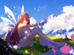 Rule 34 | absurdres, backless dress, backless outfit, barefoot, blue lizz penguin, brown hair, bug, butterfly, cloud, dress, elbow gloves, eyebrows hidden by hair, fairy wings, gloves, grass, highres, indie virtual youtuber, insect, mountain, nina saotome, pink butterfly, purple eyes, sitting, sky, smile, solo, thigh strap, thighs, virtual youtuber, white dress, white gloves, wings