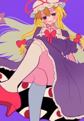 Rule 34 | 1girl, absurdres, blonde hair, booonyanyanya, bow, commentary request, dress, frilled dress, frilled hat, frilled sleeves, frills, from below, gap (touhou), hat, high heels, highres, kneehighs, long hair, mob cap, neck ribbon, puffy short sleeves, puffy sleeves, purple background, purple dress, red bow, red footwear, red ribbon, ribbon, short sleeves, simple background, sitting, socks, solo, touhou, very long hair, white hat, white socks, yakumo yukari